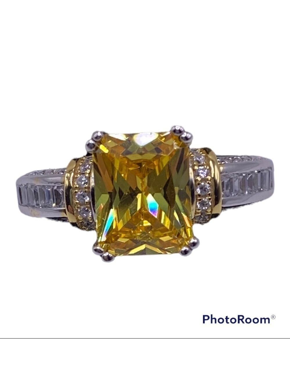 Sterling Silver Two Tone Gold Plated Emerald Cut Yellow CZ Ring - Size 6 NWT